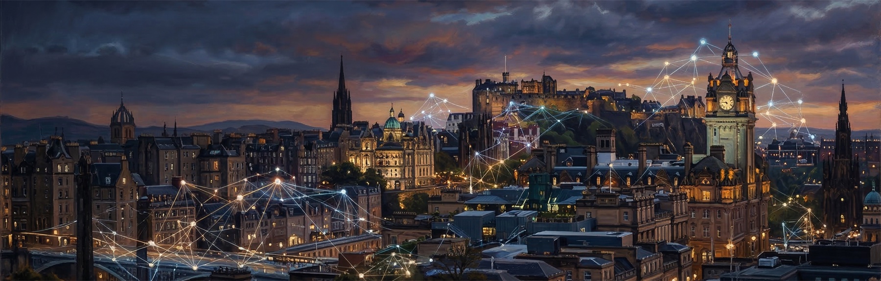 Edinburgh skyline at dusk with neural network connections overlaid
